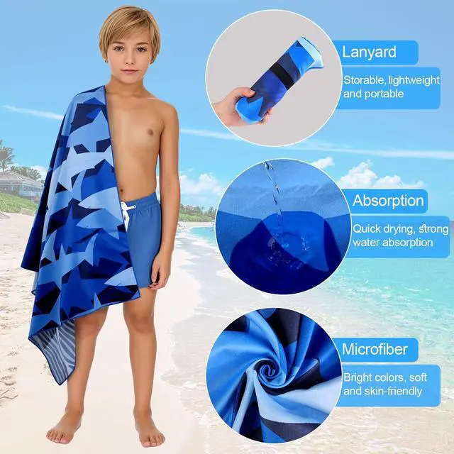 Alt view image 3 of 7 - Large Microfiber Beach Towel, Blue Shark Sand Free Beach Towel for Travel