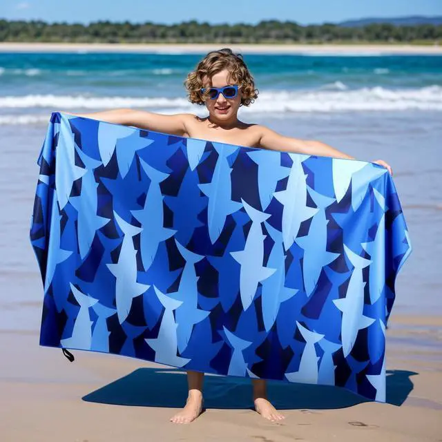 Alt view image 5 of 7 - Large Microfiber Beach Towel, Blue Shark Sand Free Beach Towel for Travel
