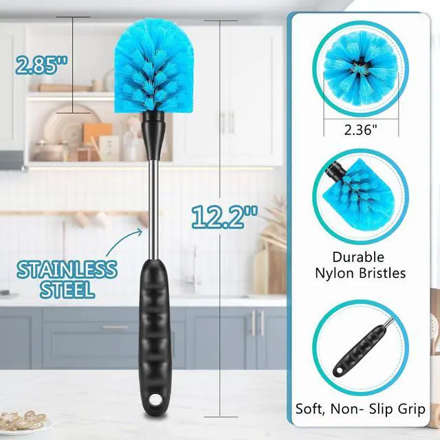 Alt view image 3 of 7 - 12.2 inch Bottle Brush Set of ThreeWashable Coffee Cups, Water Bottles, Baby Bottles, Straws, to-go Cups, Long-Handled 3-in-1 Stainless Steel Bottle Brushes. (Blue)