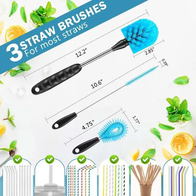 Alt view image 4 of 7 - 12.2 inch Bottle Brush Set of ThreeWashable Coffee Cups, Water Bottles, Baby Bottles, Straws, to-go Cups, Long-Handled 3-in-1 Stainless Steel Bottle Brushes. (Blue)