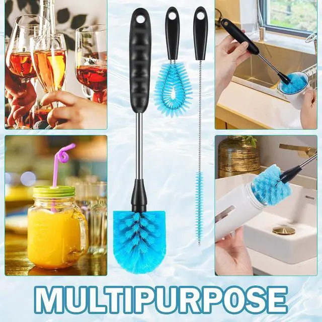 Alt view image 7 of 7 - 12.2 inch Bottle Brush Set of ThreeWashable Coffee Cups, Water Bottles, Baby Bottles, Straws, to-go Cups, Long-Handled 3-in-1 Stainless Steel Bottle Brushes. (Blue)