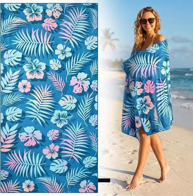 Main image of Oversized Beach Towel Thin, Pink Teal Hawaiian Flowers Floral Towel, Large Lightweight Sand Resistant Quick Dry Soft Swim Absorbent Compat Towels for Adult Summer Swim Camping Travel, 35"x71"