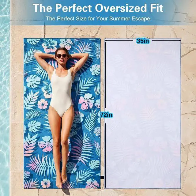 Alt view image 2 of 7 - Oversized Beach Towel Thin, Pink Teal Hawaiian Flowers Floral Towel, Large Lightweight Sand Resistant Quick Dry Soft Swim Absorbent Compat Towels for Adult Summer Swim Camping Travel, 35"x71"