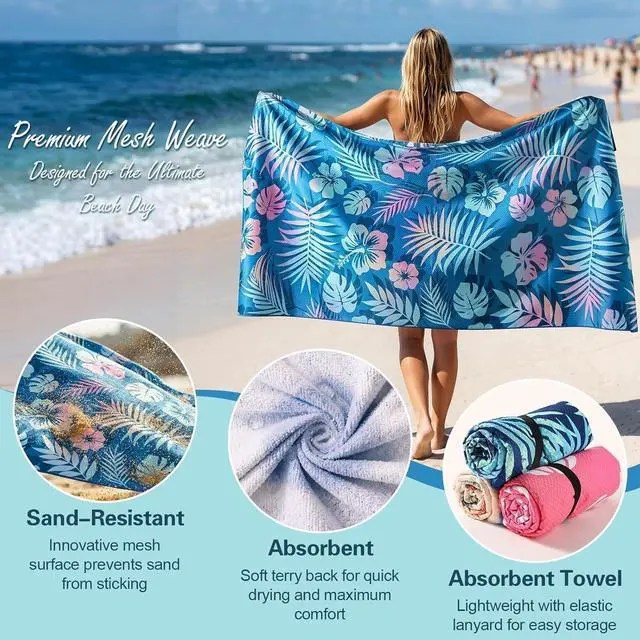 Alt view image 3 of 7 - Oversized Beach Towel Thin, Pink Teal Hawaiian Flowers Floral Towel, Large Lightweight Sand Resistant Quick Dry Soft Swim Absorbent Compat Towels for Adult Summer Swim Camping Travel, 35"x71"