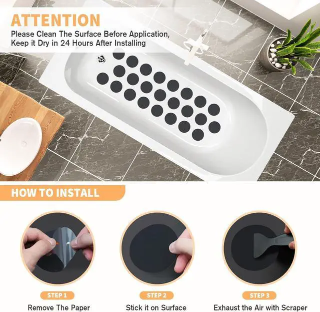 Alt view image 3 of 7 - Non Slip Bathtub Stickers, 24 PCS Shower Stickers for Safety Bathroom Tubs, Bathtub Non Slip Stickers and Adhesive Decals Scraper for Bath Tub, Shower Floor, Stairs, Ladders(Round Shape,Black)