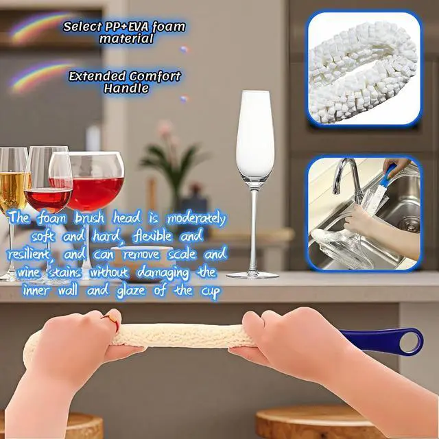 Alt view image 6 of 7 - Long Bottle Brush Cleaner for Decanter and Water Bottle, 16 Inch Flexible Foam Cleaning Wand for Vases, Wine Glasses, and Glassware with Hanging Storage Design