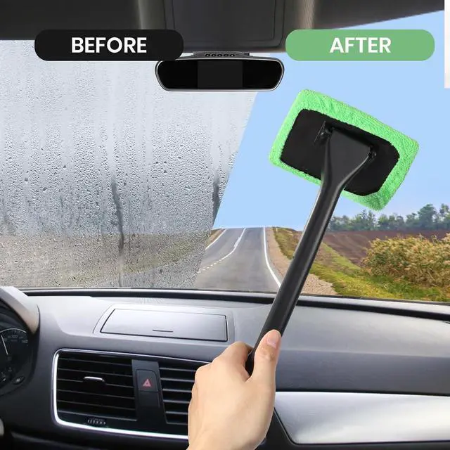 Alt view image 4 of 7 - Windshield Cleaner Tool Car Window Cleaner with 6 Reusable and Washable Microfiber Pads and Extendable Handle Auto Inside Glass Wiper Kit (Green)