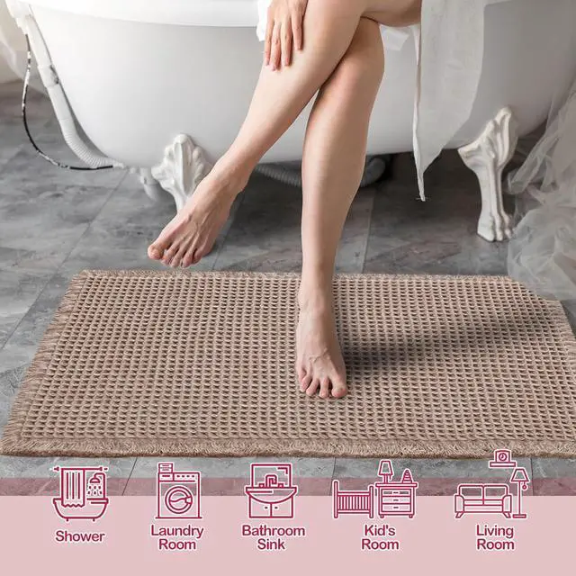 Alt view image 2 of 7 - ZALL Tan Waffle Bath Mat,Super Absorbent Non Slip Bathroom Rug,Brown 17x24inch,Machine Washable Ultra Soft Floor Mats
