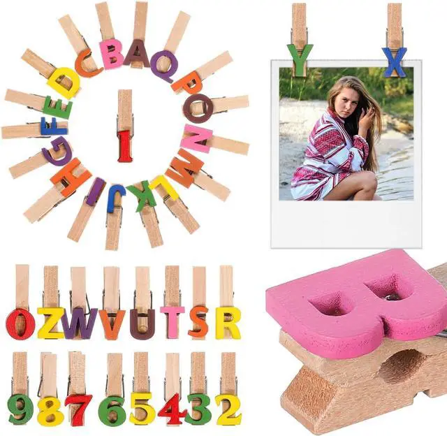 Main image of Unomor Mini Wooden Alphabet Clips and Number Clips 36Pcs 1.37 in Photo Clamps for Notes Cards Memos Classroom Home Office Wall or Desktop Organization