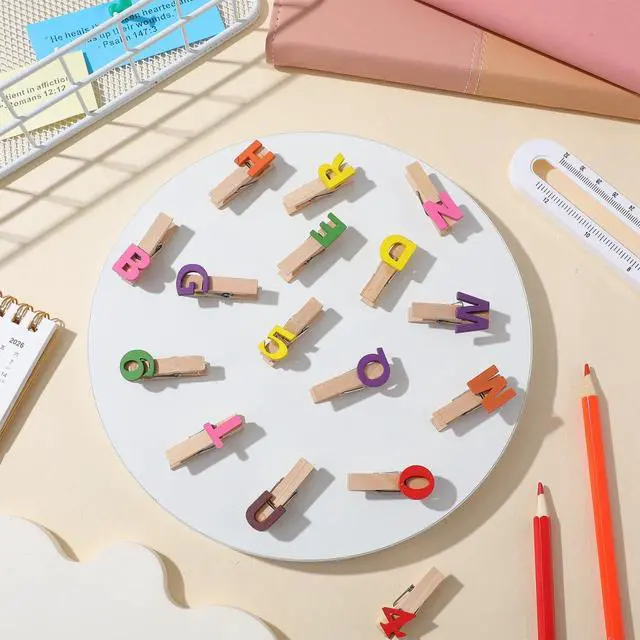 Alt view image 7 of 7 - Unomor Mini Wooden Alphabet Clips and Number Clips 36Pcs 1.37 in Photo Clamps for Notes Cards Memos Classroom Home Office Wall or Desktop Organization