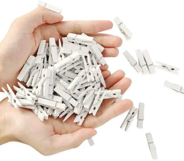 Main image of 128 Pcs Mini Photo Clips, Small Wooden White Clothespins 1.4 Inch
