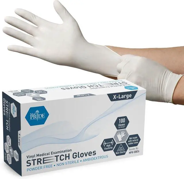 Main image of MED PRIDE Medical Examination Stretch Vinyl Gloves, | Ultra-Stretchy Disposable Safety Gloves| Heavy-Duty