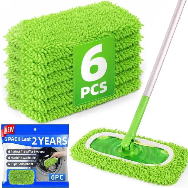 Main image of 6 Pack Reusable Microfiber Mop Pads Compatible with Swiffer Sweeper, Washable Chenille Mop Refills for Dry Sweeping & Damp Mopping, Hardwood Tile Laminate Floor Cleaning, Not for WetJet/PowerMop