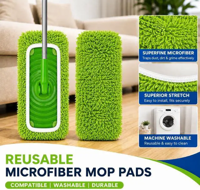 Alt view image 3 of 7 - 6 Pack Reusable Microfiber Mop Pads Compatible with Swiffer Sweeper, Washable Chenille Mop Refills for Dry Sweeping & Damp Mopping, Hardwood Tile Laminate Floor Cleaning, Not for WetJet/PowerMop