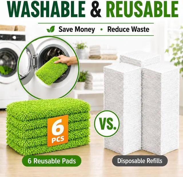 Alt view image 5 of 7 - 6 Pack Reusable Microfiber Mop Pads Compatible with Swiffer Sweeper, Washable Chenille Mop Refills for Dry Sweeping & Damp Mopping, Hardwood Tile Laminate Floor Cleaning, Not for WetJet/PowerMop