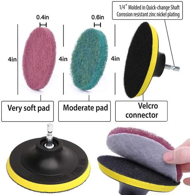 Alt view image 2 of 7 - DUOSHIDA 4 Inch Drill Powered Brush Tile Scrubber Scouring Pads Cleaning Kit, 2 Different Stiffness, 4-Inch Disc Pad Holder with 6 Scrubbing Pads, Cleans Large Flat Areas Perfectly (4-inch)