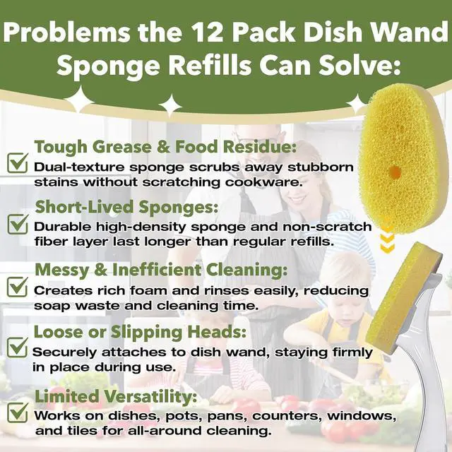 Alt view image 3 of 7 - 12 Pcs Dish Wand Sponge Refills Compatible with Scrub Daddy Dish Wand, Non-Scratch Replacement Heads for Kitchen Cleaning, Yellow (Sponge Heads Only)