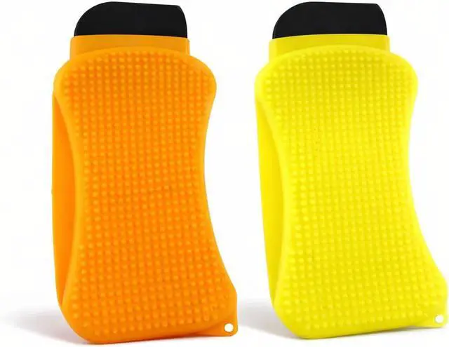 Main image of 2 Pack Silicone Dish Sponge with Soap Dispenser, Nylon Scraper and Squeegee Edge, Reusable Non Porous Kitchen Cleaning Tool for Pots Pans Plates