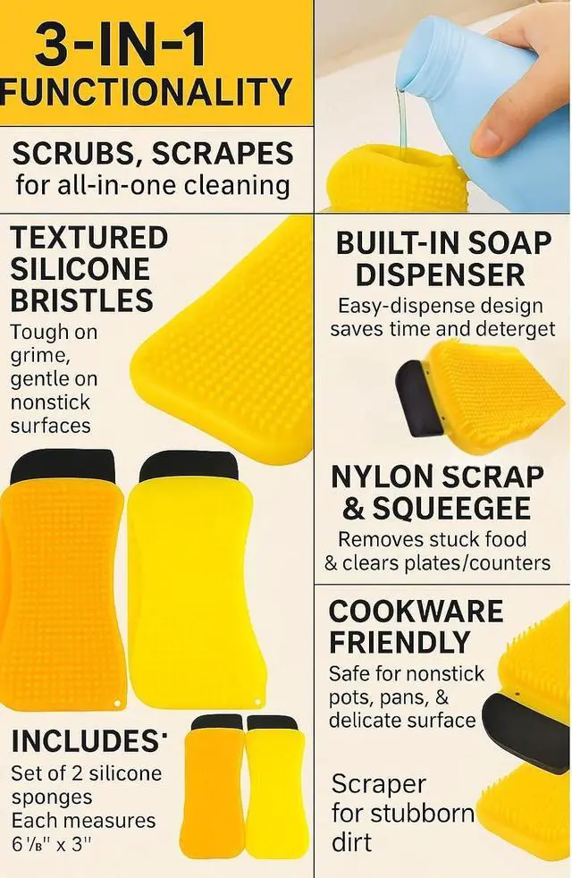 Alt view image 4 of 7 - 2 Pack Silicone Dish Sponge with Soap Dispenser, Nylon Scraper and Squeegee Edge, Reusable Non Porous Kitchen Cleaning Tool for Pots Pans Plates