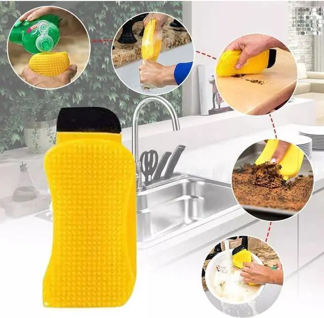 Alt view image 6 of 7 - 2 Pack Silicone Dish Sponge with Soap Dispenser, Nylon Scraper and Squeegee Edge, Reusable Non Porous Kitchen Cleaning Tool for Pots Pans Plates