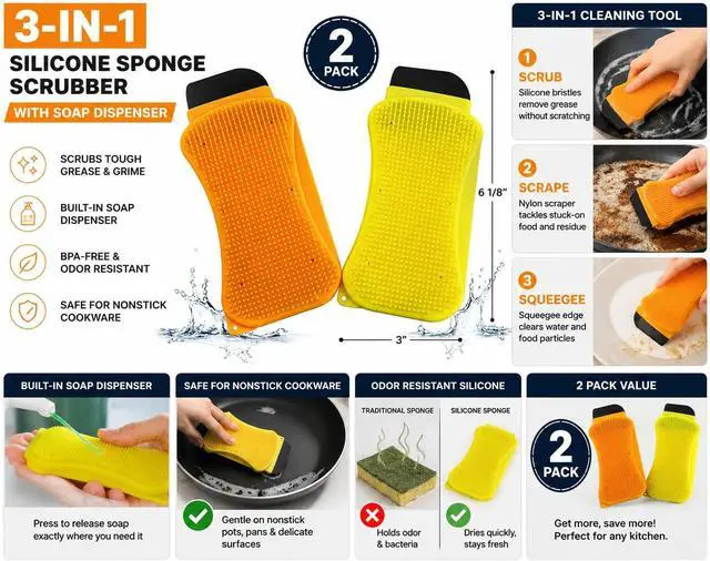 Alt view image 2 of 7 - 2 Pack Silicone Dish Sponge with Soap Dispenser, Nylon Scraper and Squeegee Edge, Reusable Non Porous Kitchen Cleaning Tool for Pots Pans Plates
