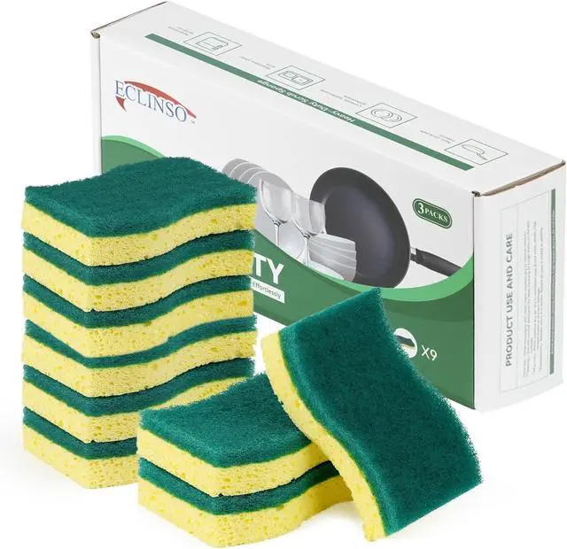 Main image of 9 Pack Heavy Duty Dual-Sided Scrub Sponges for Tough Grease