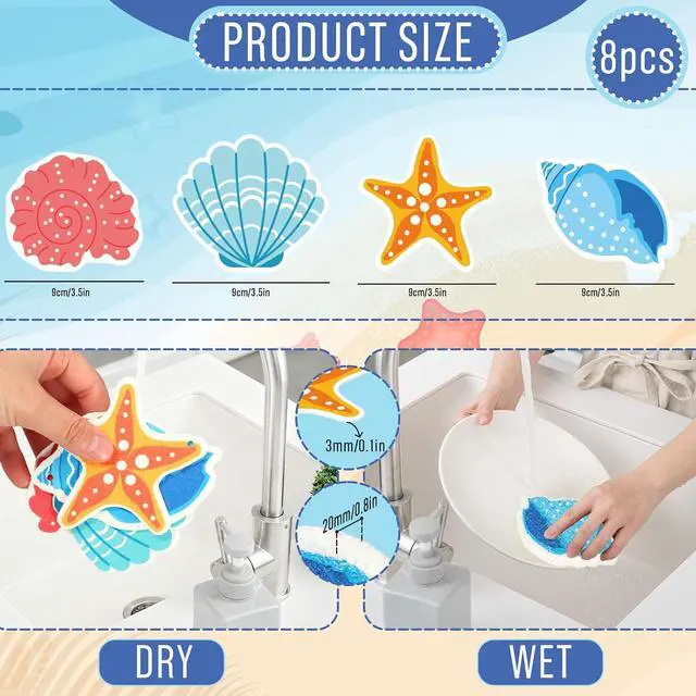 Alt view image 2 of 7 - Whaline 8Pcs Starfish Shell Kitchen Sponges Water Absorbing Dish Washing Sponge Summer Sea Snail Starfish Shell Non Scratch Cleaning Scrub Sponges for Summer Home Kitchen Bathroom