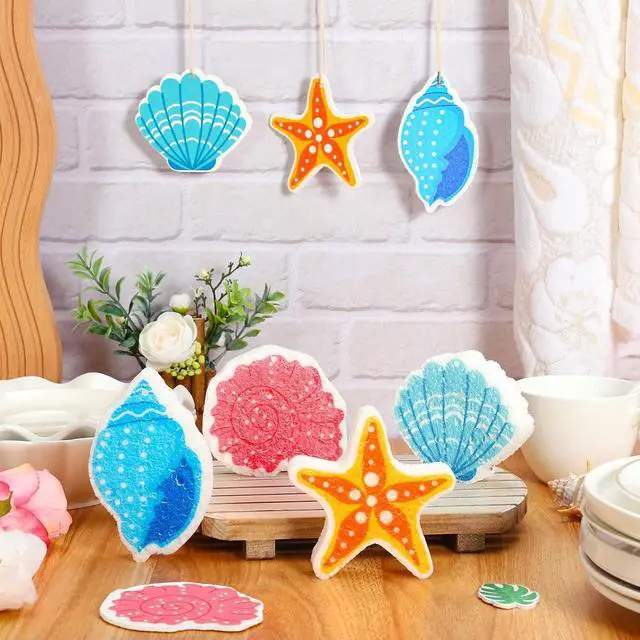 Alt view image 4 of 7 - Whaline 8Pcs Starfish Shell Kitchen Sponges Water Absorbing Dish Washing Sponge Summer Sea Snail Starfish Shell Non Scratch Cleaning Scrub Sponges for Summer Home Kitchen Bathroom