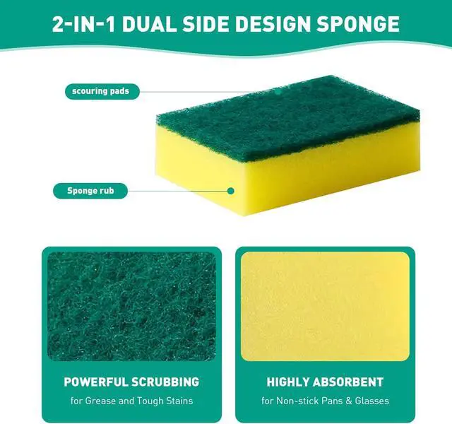 Alt view image 3 of 7 - 10-Pack Heavy Duty Scrub Sponges, Non-Scratch Kitchen Sponge with Durable Scouring Pad, Dual-Sided Cleaning Sponge for Dishes, Pots, Pans, Sinks Extra Absorbent & Long-Lasting