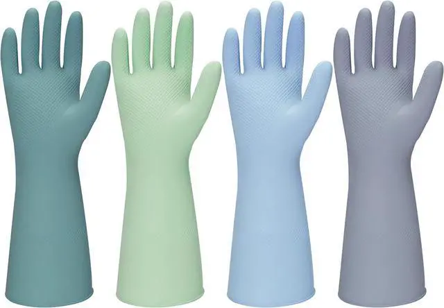 Main image of Rubber Kitchen Dishwashing Gloves - 4 Pairs Colorful Reusable Household Cleaning Gloves For Washing Dishes And Cleaning TasksFlexible And Durable Waterproof (Medium, Dark Green+Blue+Green+Gray)