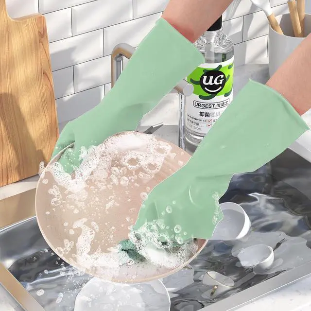 Alt view image 6 of 7 - Rubber Kitchen Dishwashing Gloves - 4 Pairs Colorful Reusable Household Cleaning Gloves For Washing Dishes And Cleaning TasksFlexible And Durable Waterproof (Medium, Dark Green+Blue+Green+Gray)