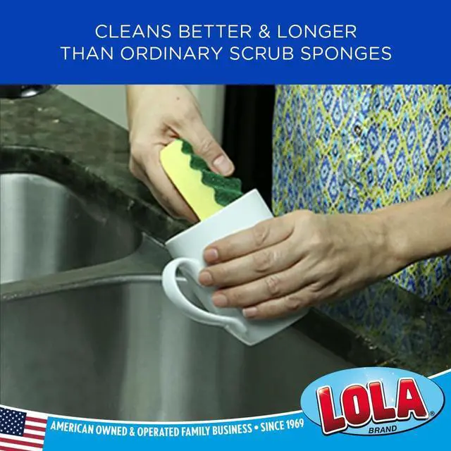 Alt view image 5 of 6 - LOLA Heavy Duty Scrub Sponges, 2 Pack, Made in USA, Superior Sponge Lasts up to 4X Longer, Reusable Long Lasting, Next Generation Cleaning