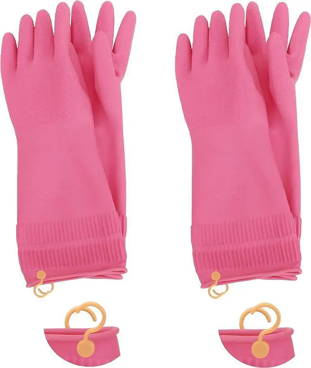 Main image of Myungjin 2 Pairs Reusable Waterproof Non-Slip Honeycomb Grip Latex Rubber Gloves with Hang-Dry Hooks/Hanging Loops for Dishwashing Household Cleaning Cooking (Medium)