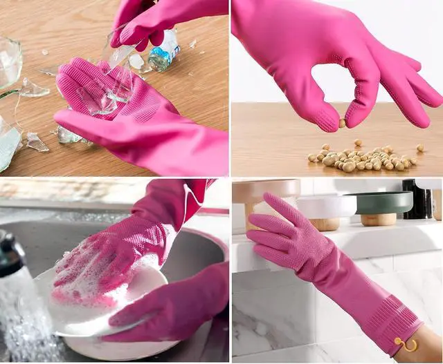 Alt view image 6 of 7 - Myungjin 2 Pairs Reusable Waterproof Non-Slip Honeycomb Grip Latex Rubber Gloves with Hang-Dry Hooks/Hanging Loops for Dishwashing Household Cleaning Cooking (Medium)