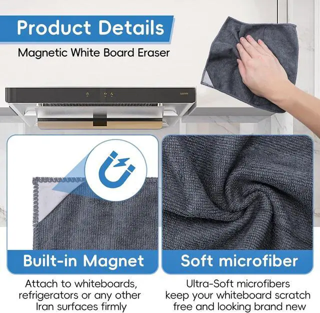 Alt view image 3 of 7 - GoClimber 4 Pack Magnetic Microfiber Cleaning Cloth, Dry Erase Erasers Cleaner for Whiteboards, Blackboards, Chalkboards, Glassboards, Home, Office, School, Gray, 10'' x 9.25''