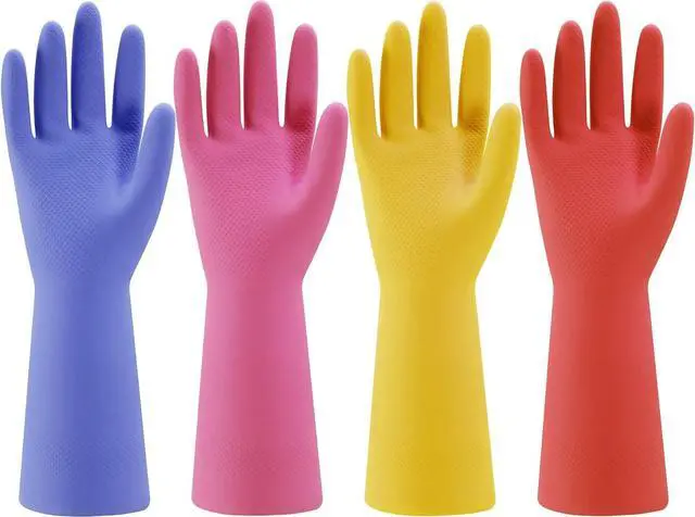 Main image of Rubber Kitchen Dishwashing Gloves - 4 Pairs Colorful Reusable Household Cleaning Gloves for Washing Dishes and Cleaning Tasks, Flexible Long-lasting and Non-Slip (Medium, Blue+Pink+Yellow+Red)