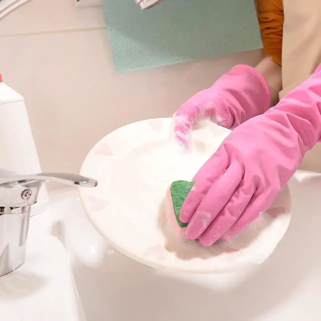 Alt view image 3 of 6 - Rubber Kitchen Dishwashing Gloves - 4 Pairs Colorful Reusable Household Cleaning Gloves for Washing Dishes and Cleaning Tasks, Flexible Long-lasting and Non-Slip (Medium, Blue+Pink+Yellow+Red)