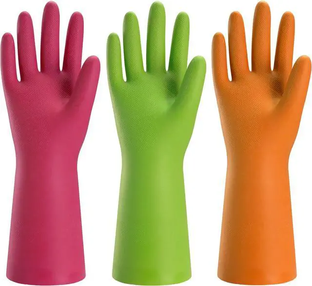 Main image of Bamllum 3 Pairs Rubber Cleaning Gloves for Household - Reusable Dishwashing Gloves for Kitchen, Flexible Long-lasting & Waterproof (Medium, Green+Red+Orange)