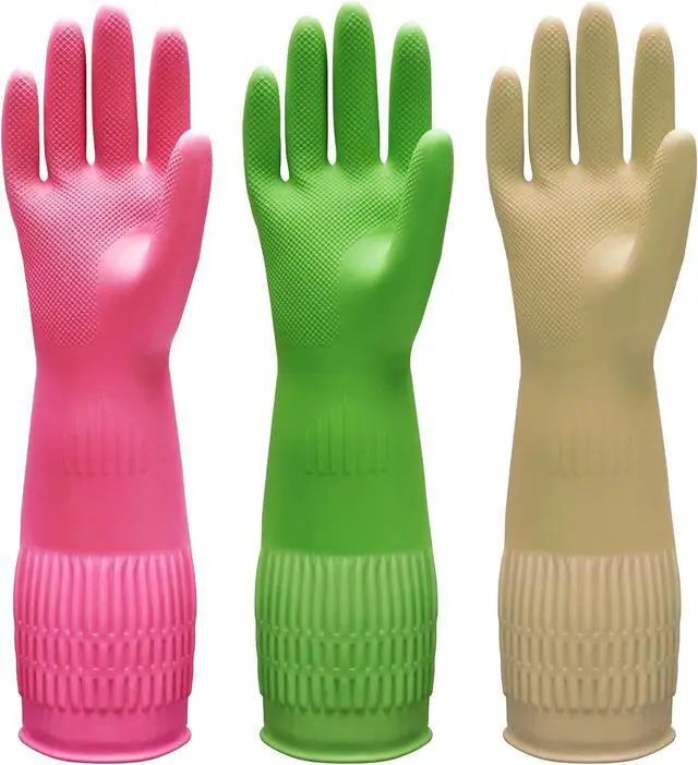 Main image of Bamllum 3 Pairs of Rubber Dishwashing Gloves for Kitchen and Household Cleaning Long Cuff 15", Reusable, Flexible Long-lasting and Non-Slip (Red+Yellow+Green, Medium)