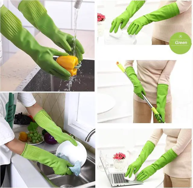 Alt view image 3 of 6 - Bamllum 3 Pairs of Rubber Dishwashing Gloves for Kitchen and Household Cleaning Long Cuff 15", Reusable, Flexible Long-lasting and Non-Slip (Red+Yellow+Green, Medium)