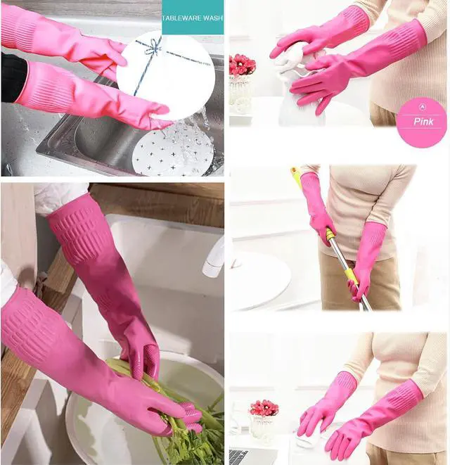 Alt view image 4 of 6 - Bamllum 3 Pairs of Rubber Dishwashing Gloves for Kitchen and Household Cleaning Long Cuff 15", Reusable, Flexible Long-lasting and Non-Slip (Red+Yellow+Green, Medium)