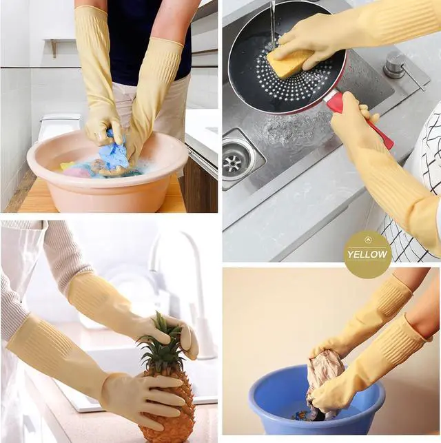 Alt view image 5 of 6 - Bamllum 3 Pairs of Rubber Dishwashing Gloves for Kitchen and Household Cleaning Long Cuff 15", Reusable, Flexible Long-lasting and Non-Slip (Red+Yellow+Green, Medium)