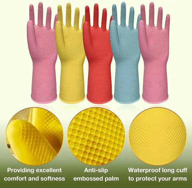 Alt view image 3 of 7 - Rubber Cleaning Gloves Dishwashing 5 Pairs Kitchen Gloves Reusable Medium