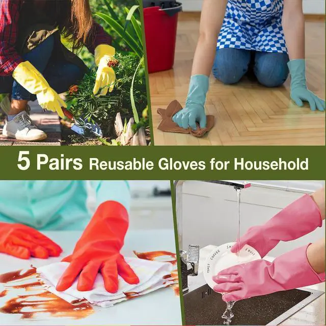 Alt view image 4 of 7 - Rubber Cleaning Gloves Dishwashing 5 Pairs Kitchen Gloves Reusable Medium