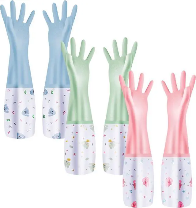 Main image of XJMWXHFC 3Pcs Reusable Dishwashing Gloves, Waterproof Long Cuff Non-Slip Household Gloves With Cotton Lined For Laundry, Cleaning, Working, Gardening