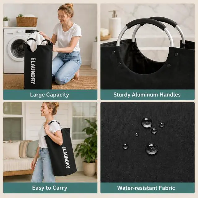 Alt view image 2 of 7 - 90L Large Laundry Basket with 8 Steel Rivet Reinforced Handles Collapsible Laundry Hamper Freestanding Tall Dirty Clothes Hamper for Bedroom Laundry Room Organization (Black,1PC)