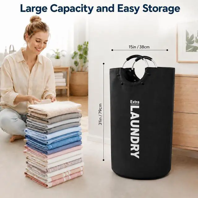 Alt view image 3 of 7 - 90L Large Laundry Basket with 8 Steel Rivet Reinforced Handles Collapsible Laundry Hamper Freestanding Tall Dirty Clothes Hamper for Bedroom Laundry Room Organization (Black,1PC)