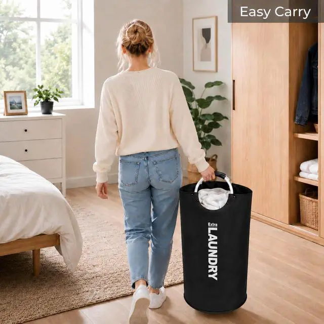 Alt view image 5 of 7 - 90L Large Laundry Basket with 8 Steel Rivet Reinforced Handles Collapsible Laundry Hamper Freestanding Tall Dirty Clothes Hamper for Bedroom Laundry Room Organization (Black,1PC)