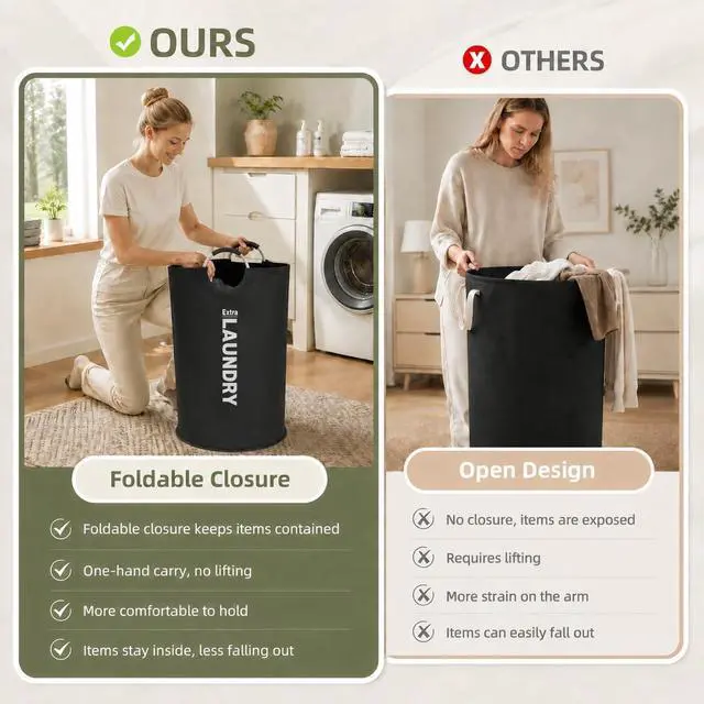 Alt view image 4 of 7 - 90L Large Laundry Basket with 8 Steel Rivet Reinforced Handles Collapsible Laundry Hamper Freestanding Tall Dirty Clothes Hamper for Bedroom Laundry Room Organization (Black,1PC)