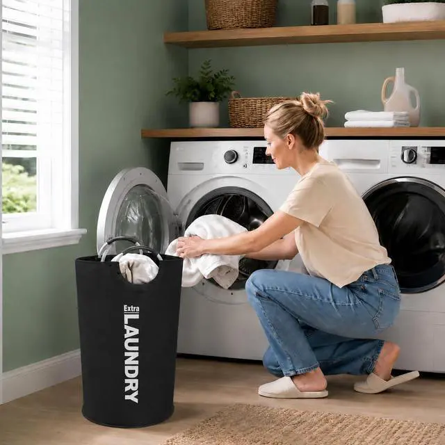 Alt view image 7 of 7 - 90L Large Laundry Basket with 8 Steel Rivet Reinforced Handles Collapsible Laundry Hamper Freestanding Tall Dirty Clothes Hamper for Bedroom Laundry Room Organization (Black,1PC)